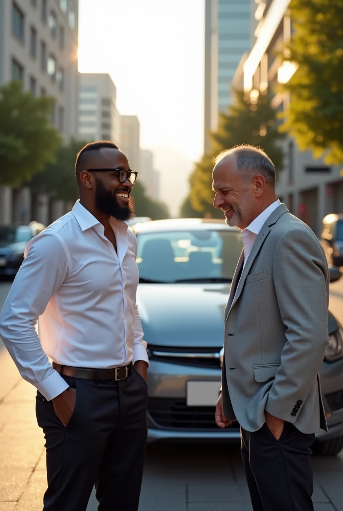 Create an image,black employee,black pants,white shirt, Black glasses,beard and mustache near a gray Fiat Uno Vivace, laughing with bad thoughts,talking to the boss,and another white-skinned man,tired of working so much,worthless,discouraged