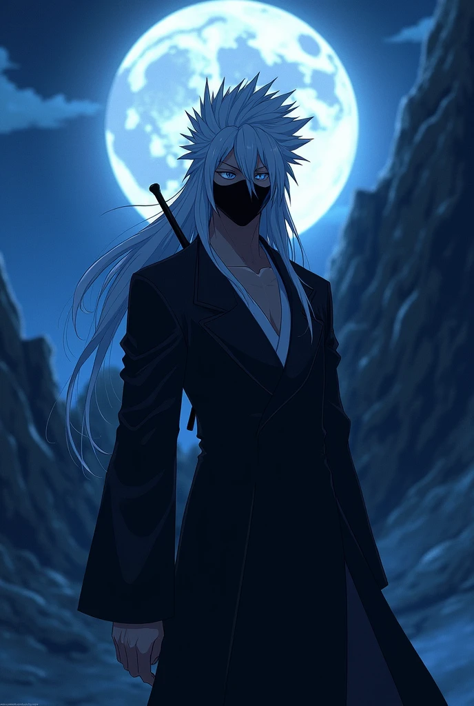 a man with blue eyes and long, spiky white hair that falls down, partially covering his eyes , Dressed in a style similar to the Jujutsu Kaisen choso, but entirely black., a black mask covering his nose and mouth with an accessory on his back like Enel's from One Piece, the scene is at night and he's facing forward, Behind him, the moon shines brightly, and towering mountains rise. (style of anime)