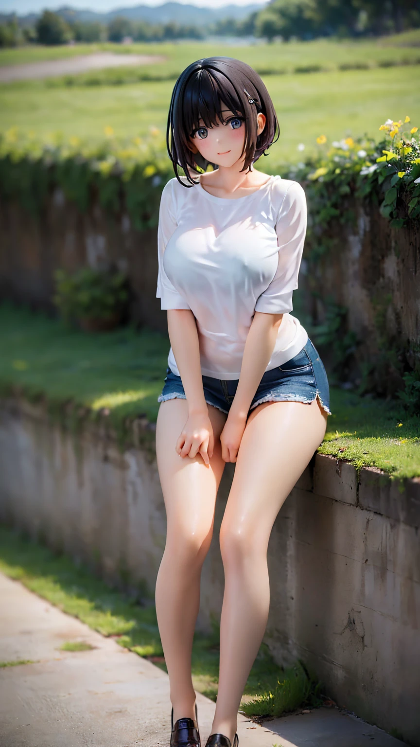 one person's, (beautiful girl, Delicate:1.3), (:1.3),
break, (Lush countryside background:1.2),
break, Shy laugh, Very beautiful eyes, (Symmetrical eyes:1.3),
break, (Big Breasts:1.3), Fashionable clothes, Brown eyes, Parted bangs, Brown bob cut hair, Round face, cute,
break, (Eye and facial details:1.0),
break, (masterpiece, Highest quality, Very detailed, Detailed face, 8k)