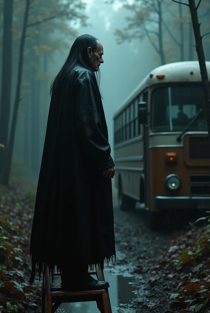 (best qualityer,4K,8k,highres,master part:1.2),ultra detali,(realisitic,Fotorrealisitic,fotorrealisitic:1.37),tenebrosa,natta,falling,ladder,bus,black clothing, blackquality hair,grimdark,Raby,rainny,Raby forte,ray tracing,older,muddy ground, black forest, scary people