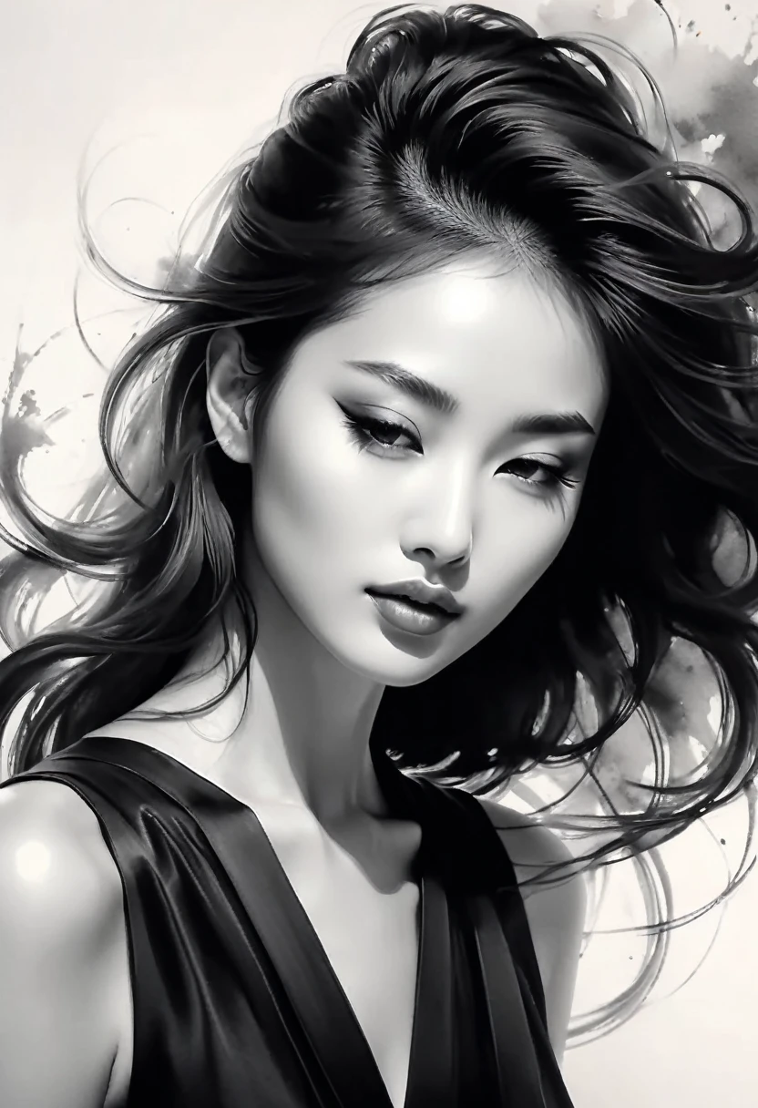 Kizi，ink painting，soft brushstrokes，Draw delicate lines with a pen，Fluid action，Subtle ink tones，elegant posture，calm look，delicate features，black andwhite，to clean