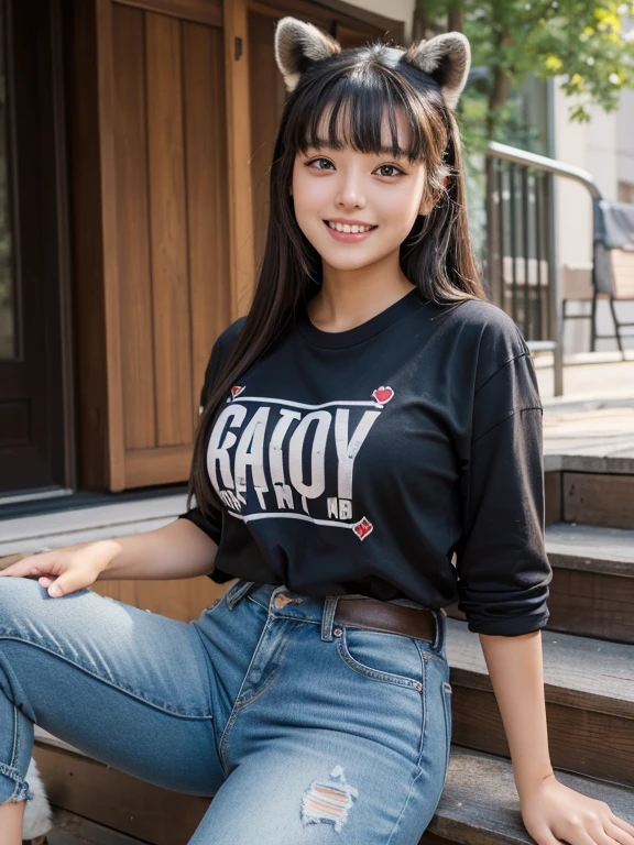 ((Highest quality, 8k)), ((masterpiece)), (Highest Resolution), Perfect Face, Raccoon-eared woman, Female college student, Beautiful woman, Outdoor, One tail, she has thick thighs, Big raccoon tail, She has a brown raccoon tail, She wags her tail, Laugh with your teeth showing, Fur collar, She is wearing a shirt and jeans., Beautiful Hips , The raccoon tail sticks out of her panty