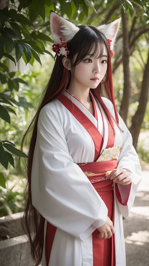White Demon Fox、Nine-tailed Fox、Japanese women、kimono、Fair skin、Red lines on face、8K、I have long hair