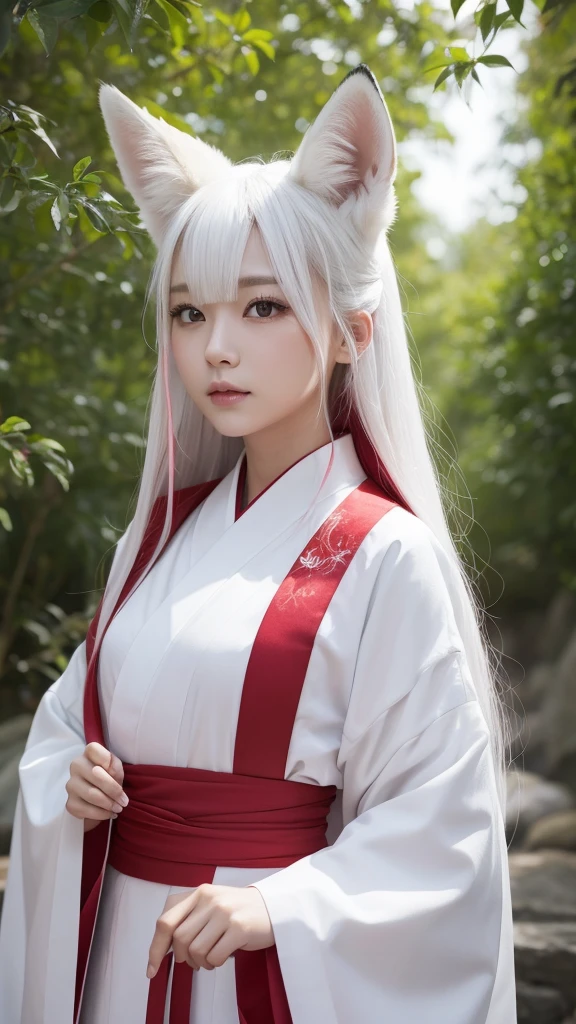 White Demon Fox、Nine-tailed Fox、Japanese women、kimono、Fair skin、Red lines on face、8K、I have long hair
