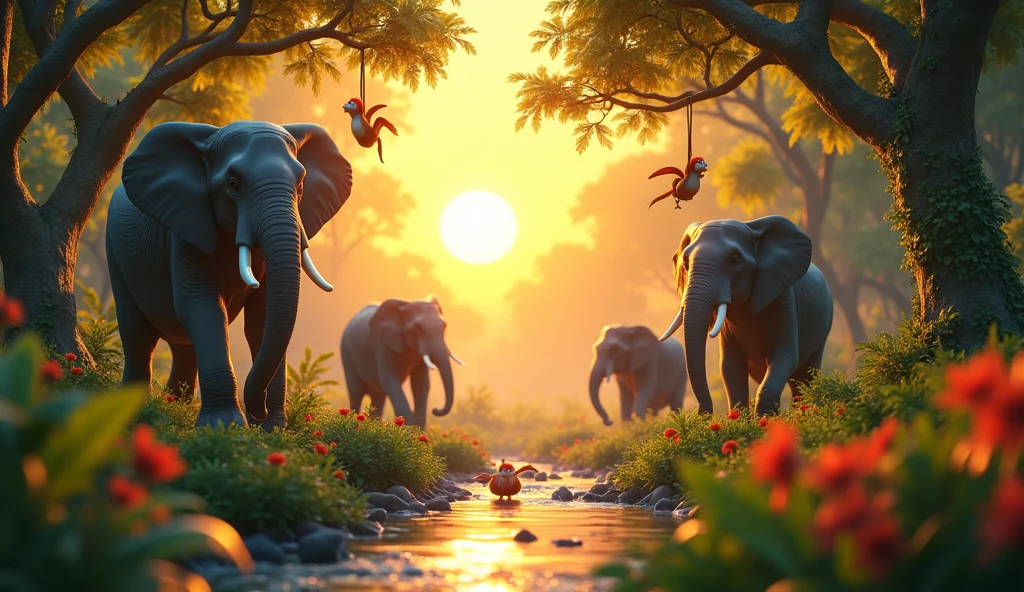 In 3d animation style " The jungle at sunrise, with animals waking up and starting their day with renewed energy.