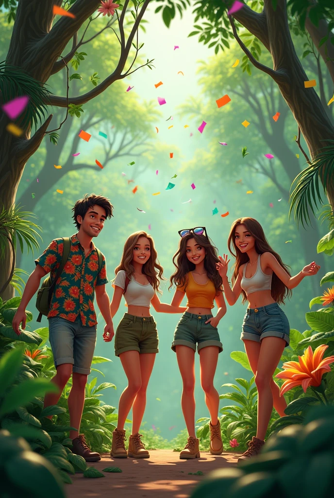 Make a thumbnail of you tube where 4 friends go in jungle for party 