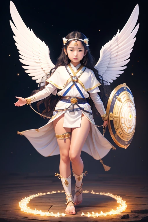 A young 15- yr old native Ainu girl with lovely charminvg face,( skin texture masterpiece), (perfect full body detailed anatomy), (Super accessories detailed), (meditating ), (perfect detailed glowing bright eyes),(short wavy illuminating sapphire hair),Wearing transparent costume of an angel,holding a treasure septer & shield, illuminating different lights covers the sorrounding atmosphere Has beautiful large white wings, The character solemnly praying