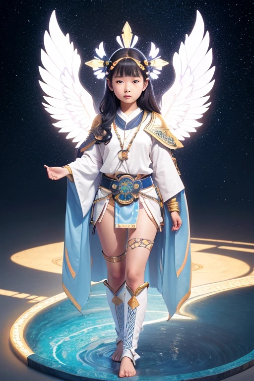 A young 15- yr old native Ainu girl with lovely charminvg face,( skin texture masterpiece), (perfect full body detailed anatomy), (Super accessories detailed), (meditating ), (perfect detailed glowing bright eyes),(short wavy illuminating sapphire hair),Wearing transparent costume of an angel,holding a treasure septer & shield, illuminating different lights covers the sorrounding atmosphere Has beautiful large white wings, The character solemnly praying