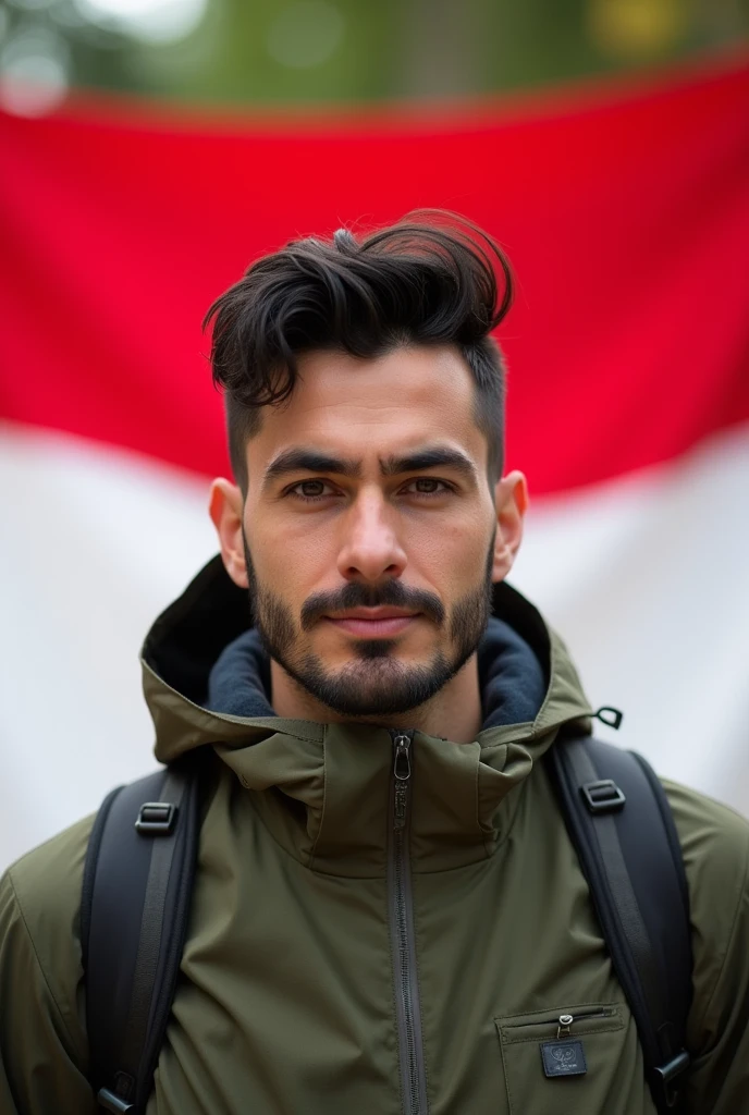30 years old masculine jewish man, thin facial hair, full weight body, wavy black hair, short neck, straight front pose, half body portrait, outdoor outfit jacket, in front of Indonesia flag