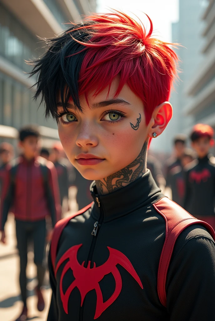 oc de my hero academia.
A 17 year old boy with short hair, red on one side and black on the other., water green eyes with a dragon tattoo on his neck, He's wearing the UA uniform, with a piercing in his right ear on the top.