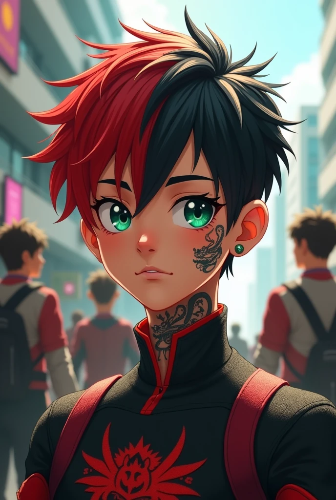 oc de my hero academia. 
A  boy with short hair, red on one side and black on the other., water green eyes with a dragon tattoo on his neck, He's wearing the UA uniform, with a piercing in his right ear on the top.