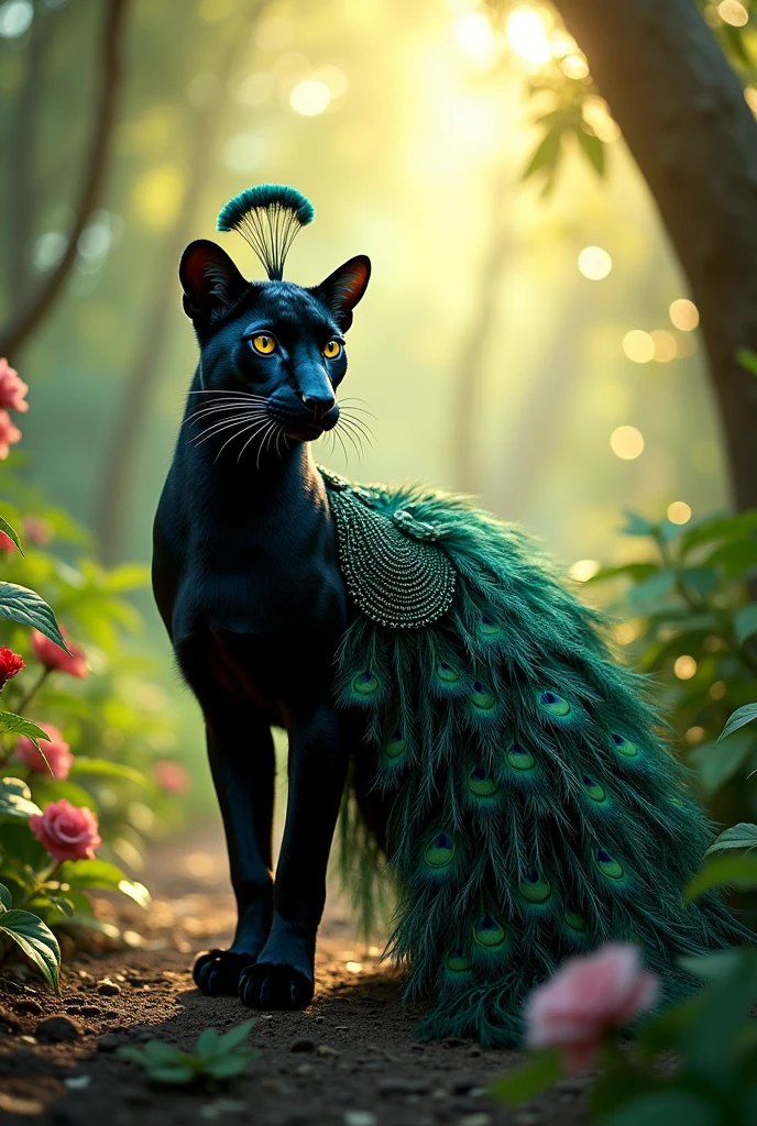 Beautiful realistic black leopard peacock hybrid light shining through feathers