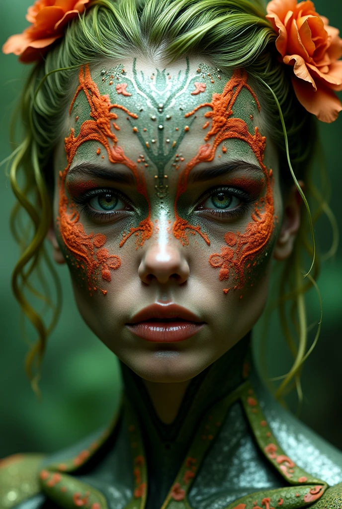 a symmetrical close-up portrait of a cyberpunk poison ivy, biomechanical, orange red splashes, hyperrealisti, intricate design, (insanely detaileda: 1,4), (extremely fine details: 1,35), Extremely sharp lines, Steel, cinematic lighting, with a forest behind