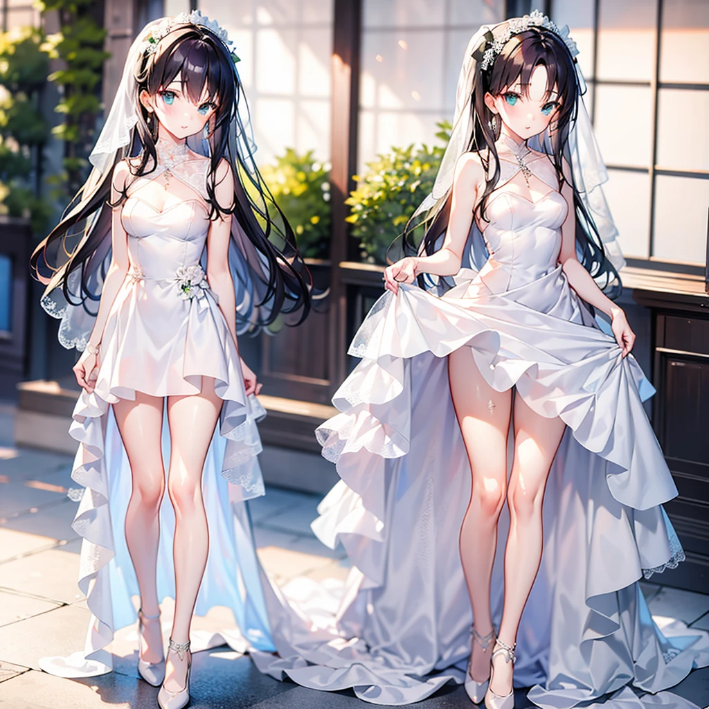A girl, Wearing a wedding dress, White Wedding Dress, whole body, Slim, Long legs