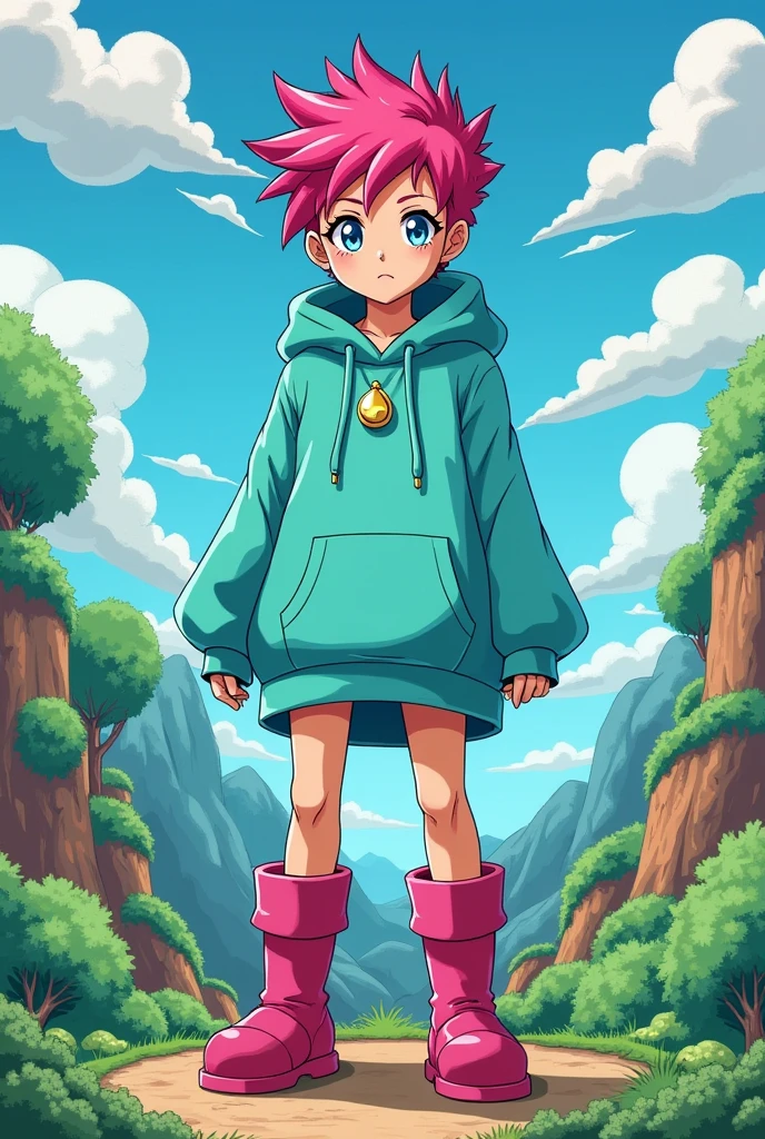 Giantess Kumatora from mother 3 (Kumatora= Kumatora is portrayed as a teenager but can be slightly older. She is a magenta haired girl with a yet somewhat feminine appearence, wearing a turquoise full sleeved hoodie with baby blue collars and wrists, which reaches slightly above her knees like a short dress would. She wears bright magenta boots and has her hair styled in pixie cut which has a spiked back and front side bang. She is shown to wear winged eyeliner and magenta lipstick in her clay figure. During her in-game appearance, she is shown to have a pendant and ribbon equipped, which she apparently wears- unless the player changes it.)