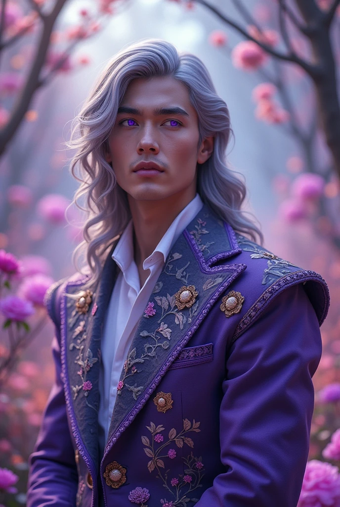 Prince man with purple eyes and gray hair (aesthetic) , that the prince is very attractive (beautiful, handsome in face and body), and that he is in wonderland 