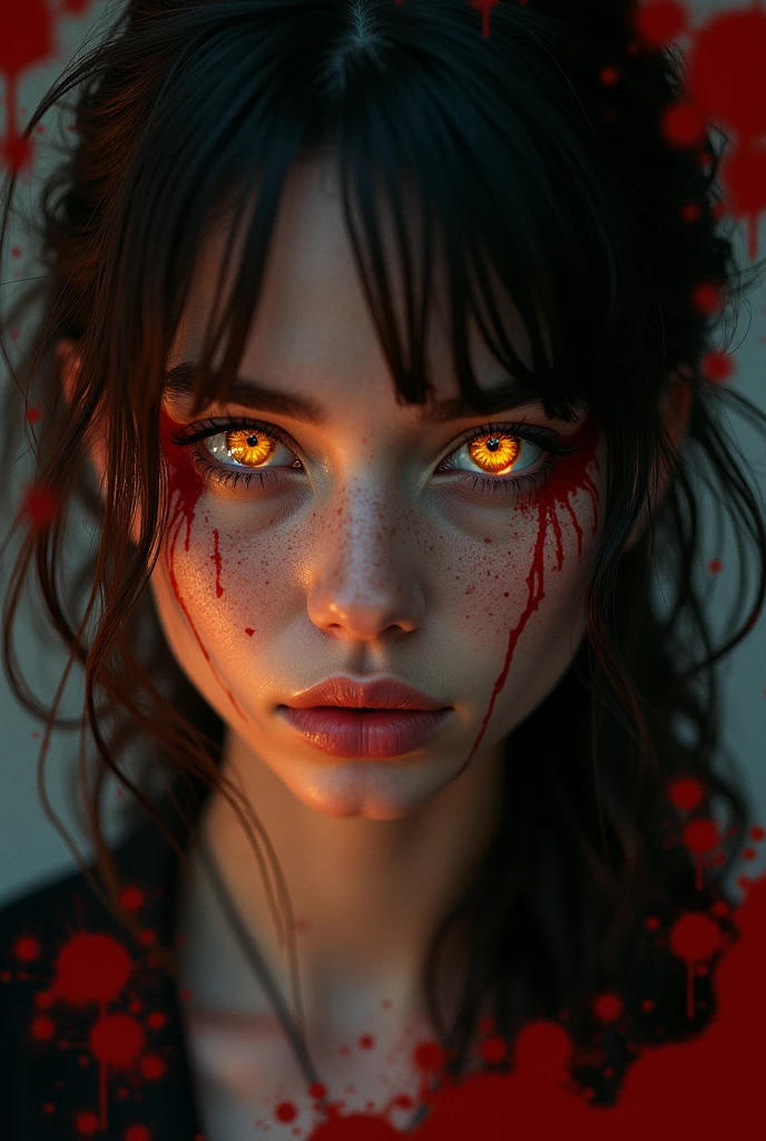 Make the eyes of a , with honey-colored eyes, showcasing every detail. The photo format is youtube style, and the background with blood splatters