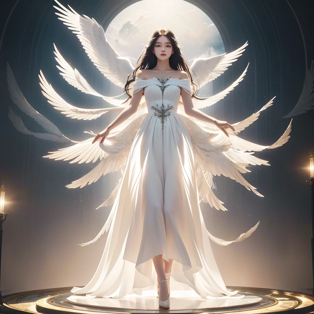 A woman in a white dress stands on books,An image of a bird flying around her, endless, the concept of endless, light of endless, with endless, The album cover, deviantart art station cgscosiety, eternity, endless symbol, inside the picture is endless, endless, cgsociety - w 1 0 2 4 - n 8 - i