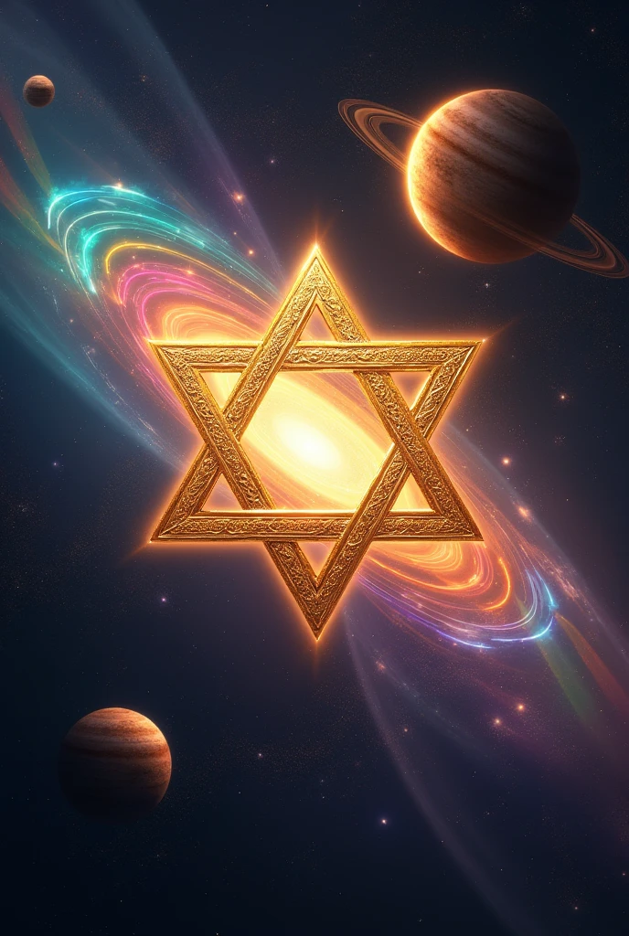 Golden Star of David centered in the universe above the colors of the rainbow and planets