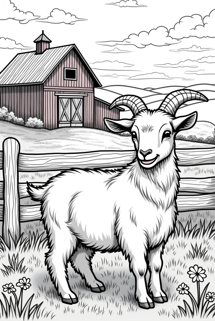 Generate a coloring page of a goat on a farm in format 3.:4
without color