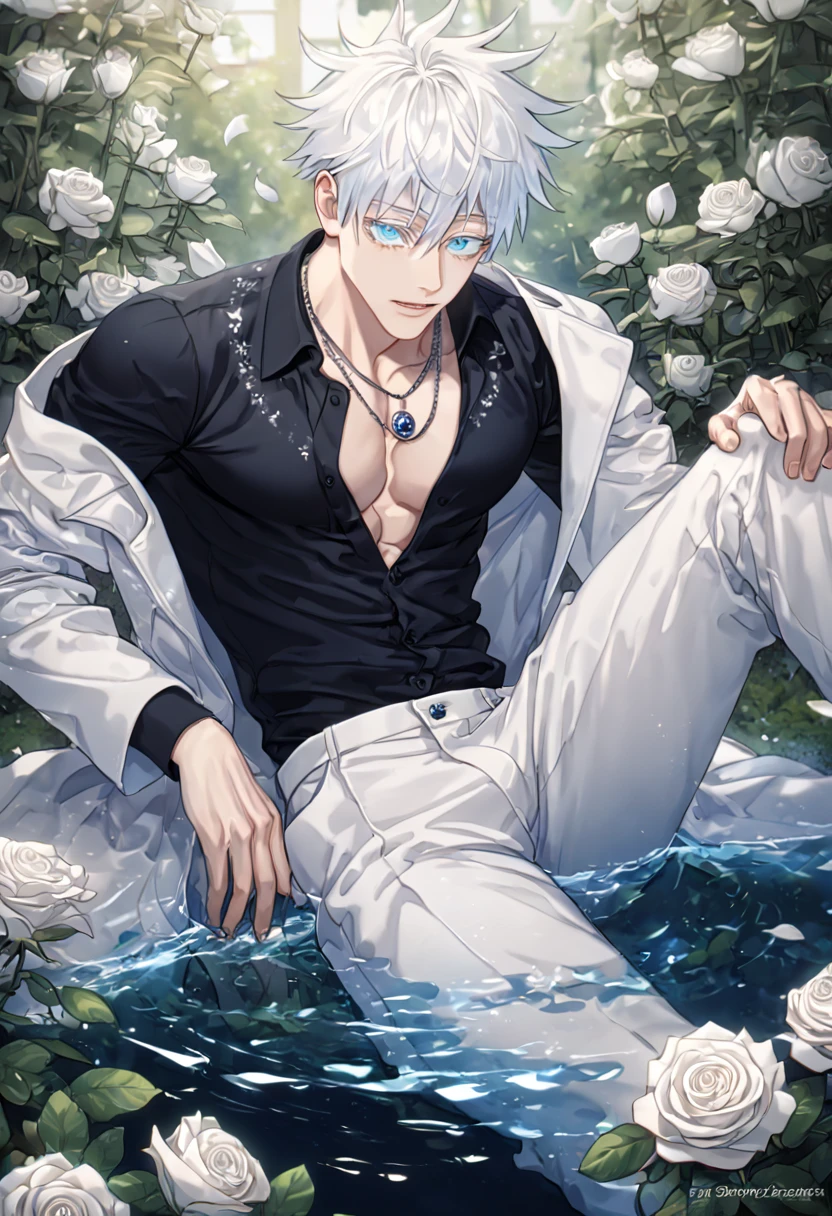 absurdres, highres, ultra detailed, HDR, master piece, best quality, extremely detailed, Gojou Satoru, white hair, expressive blue eyes, white eyelashes, Jujutsu Kaisen, solo, sexy man sitting, handsome, sensual, manly man, horny, white coat, black shirt, unbuttoned, necklace, patterns, white pants, water, white roses, white petals, fantasy, magical, garden, white leaves