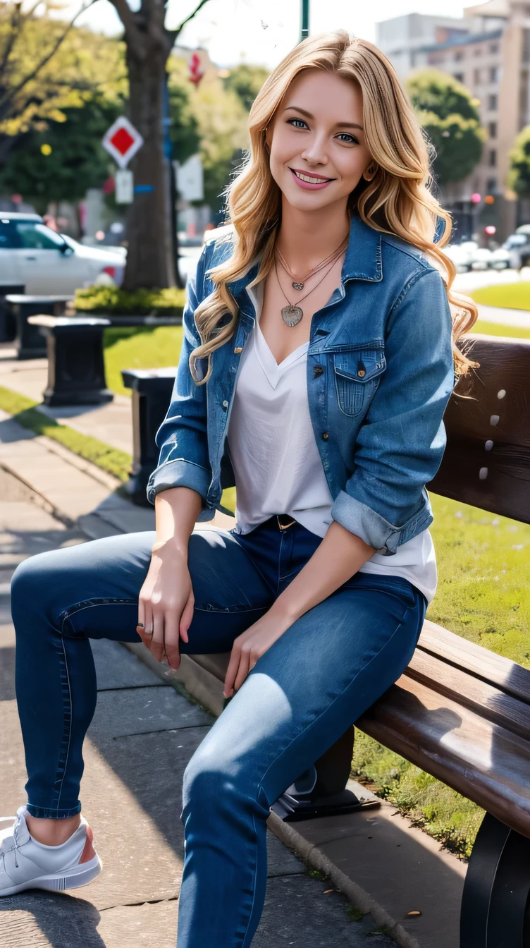 Super Resolution、Beautiful Caucasian Woman、Full body photo、sitting on a park bench、Blonde、blue eyes、Wavy Hair、、ear piercing、necklace、Denim jacket、shirt、Skinny jeans、sneakers、Wear black socks、smile、Beautiful teeth alignment、The background is night
