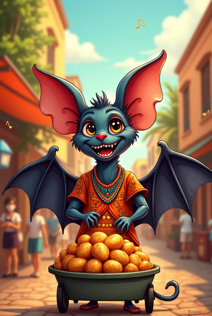 Simple cartoon of a bat dressed in Salvador Bahia Brazilian crioula clothes selling acarajé