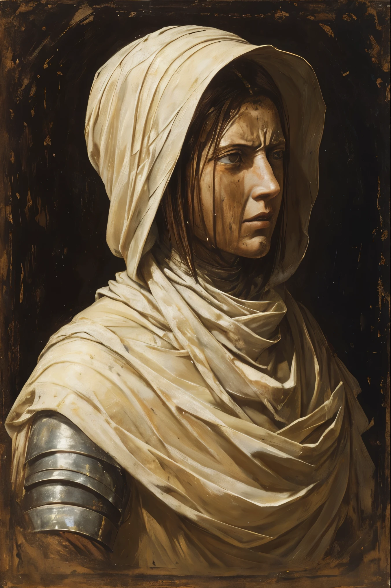 a painting of a cowering woman, gaunt, late 20s, arms wrapped in yellowing bandages, skin hidden behind dirty knight armor, bandages covered in dried blood and puss, disgusting, defiant fleeting eyes, in pain, old bandages wrapped tightly, mended armor plates over torso, mended knight, short ratty hair covering face, dirty face and clothes, sneering, face is visible