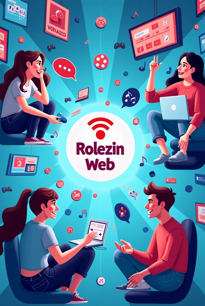 Background on Internet Concept, Use light blue colors with red and black details, message elements between friends, conversas e gaming, many friends talking from afar using conversation bubbles In the same sense, use more graphic elements that refer to the internet Several people in different rooms with different themes (( music, gaming, movies)) middle symbol
Name Rolezin Web 