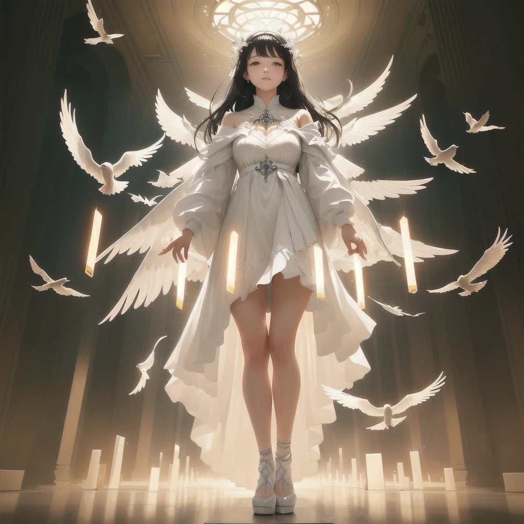 A woman in a white dress stands on books，An image of a bird flying around her, endless, the concept of endless, light of endless, with endless, The album cover, deviantart art station cgscosiety, eternity, endless symbol, inside the picture is endless, endless, cgsociety - w 1 0 2 4 - n 8 - i