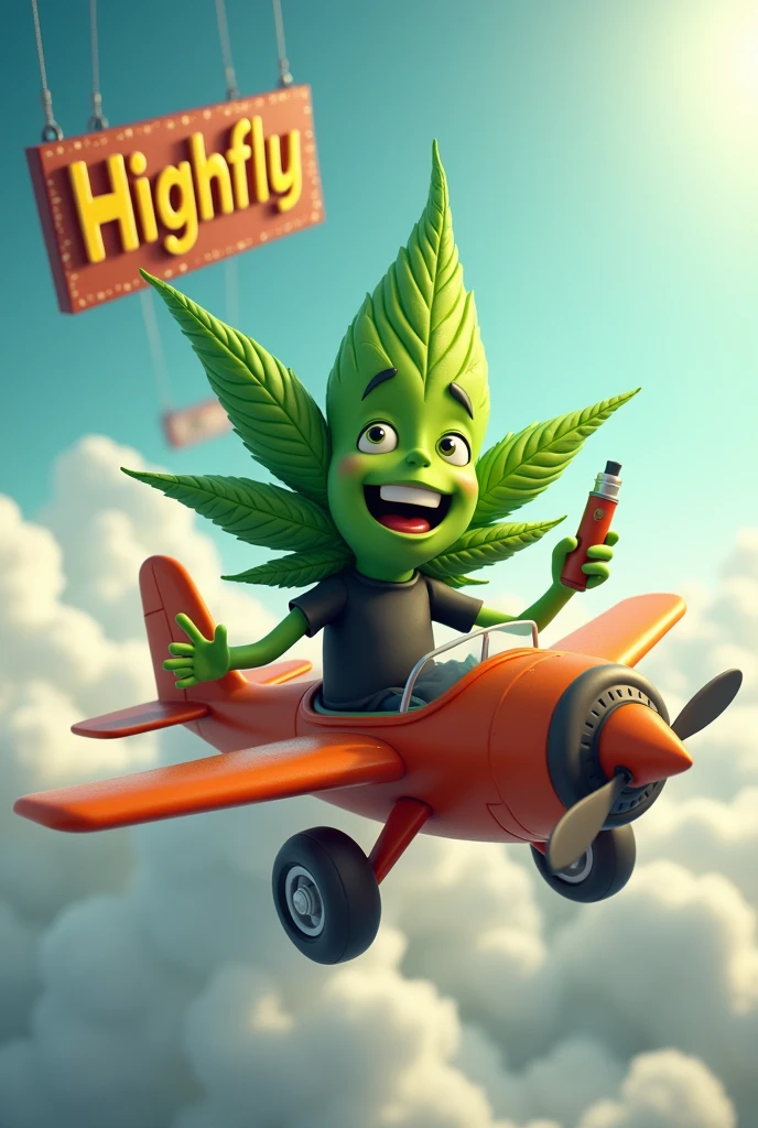 A character based on the  leaf (humanoid in shape), wearing a black shirt and waving, riding in a small plane among the clouds all animated, with a sign above that says “Highfly”, a face a little more human, but not as human, more slender, with a vape in hand
