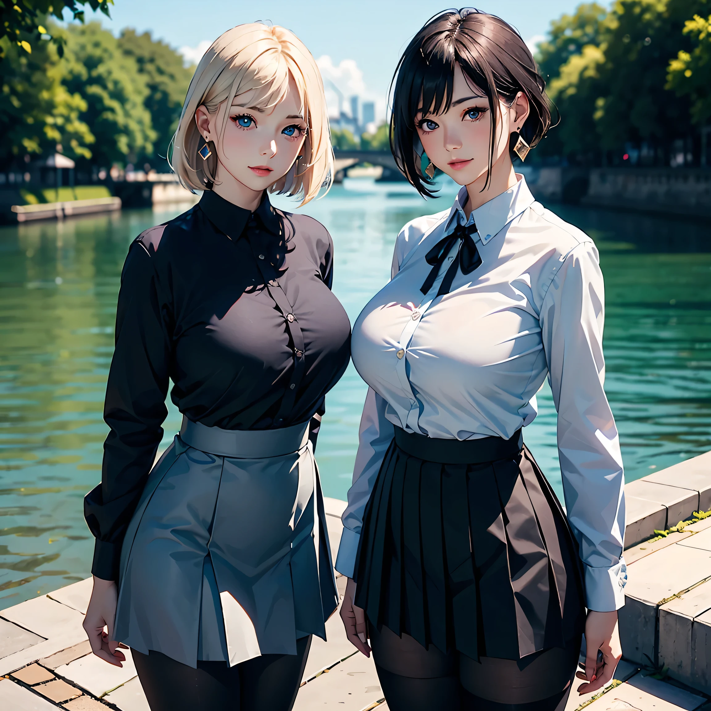 (masterpiece:1.2, Highest quality), (Realistic photos), Beautiful illustrations, (Natural side lighting, Cinema lighting),(2 people:1.2), Japanese, 20-year-old female, Perfect Face, Symmetrical cute face, Glowing Skin,Black short bob、Blonde Short Hair、Dark blue eyes, (Huge breasts:1.3), Slender build、Earrings、Beautiful Hair, Beautiful Face, Fine and beautiful eyes, Beautiful body, Beautiful breasts,(White collared shirt、Small black ribbon、Pleated skirt、Black tights),river、Embankment、blue sky、smile、Blushing、Standing side by side