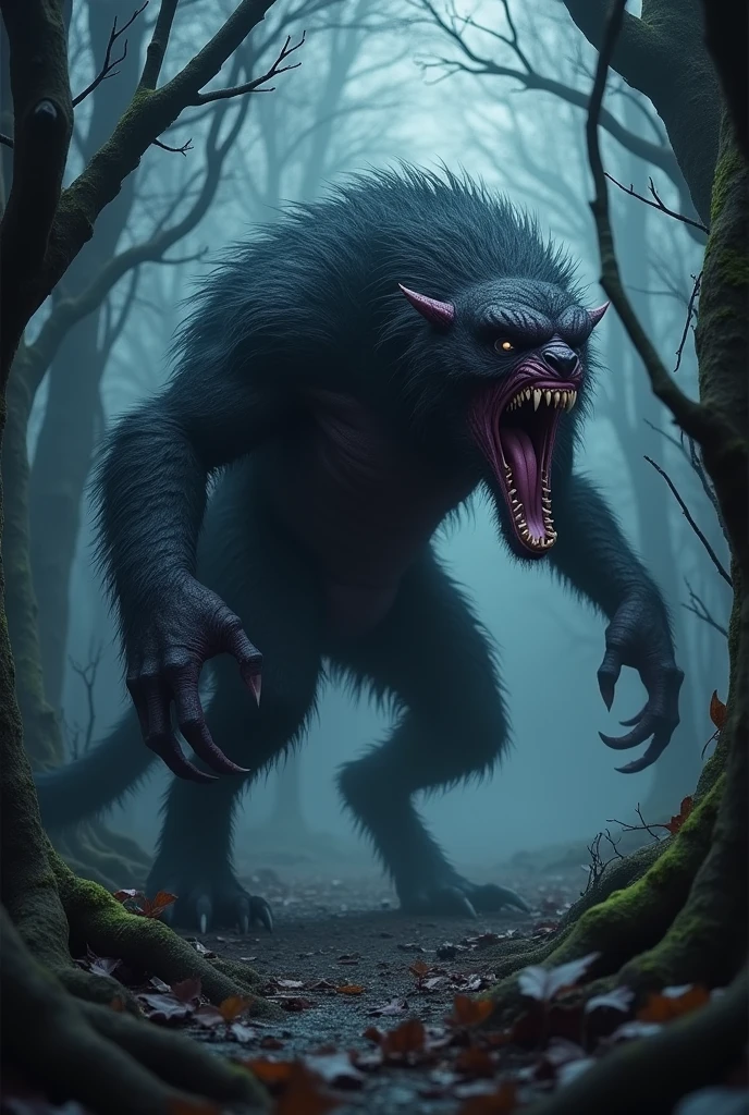 Large-fanged monster, of black fur with slight purple tones, with seams in the skin and long tail