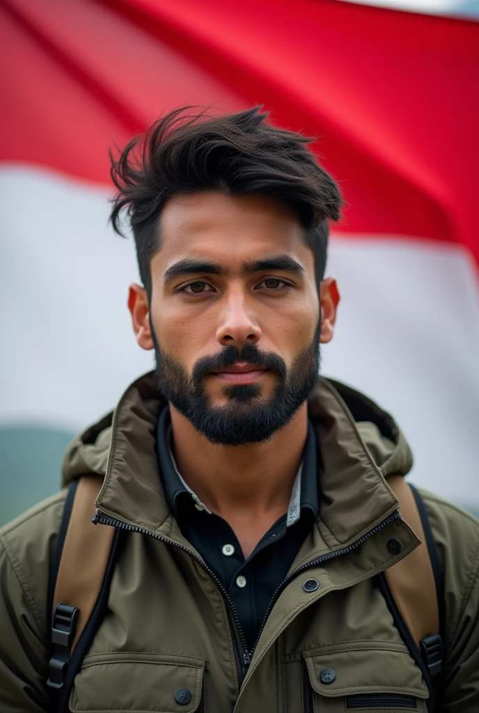 30 years old masculine jewish man, thin facial hair, full weight body, wavy black hair, short neck, straight front pose, half body portrait, outdoor outfit jacket, in front of Indonesia flag