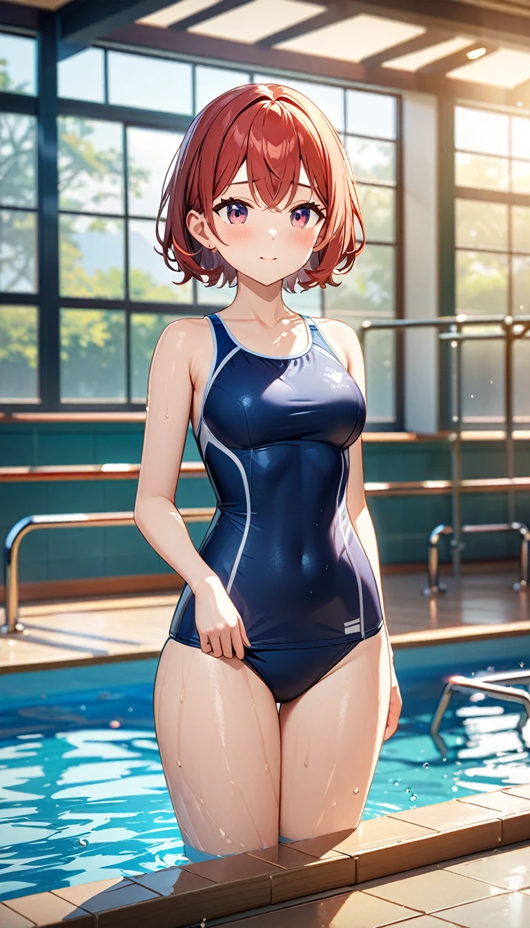 (masterpiece:1.2), game CG, highest resolution, official illustration, three-dimensional coloring, detailed coloring, (detailed description:1.3), (artistic beauty:1.3), (1girl:1.2), (solo:1.2), (cute:1.2), young girl,

red short hair, wearing a school swimsuit, in the indoor school pool on a winter afternoon, practicing swimming with friends, working hard to improve skills, medium height (about 160 cm), medium breasts, slender build