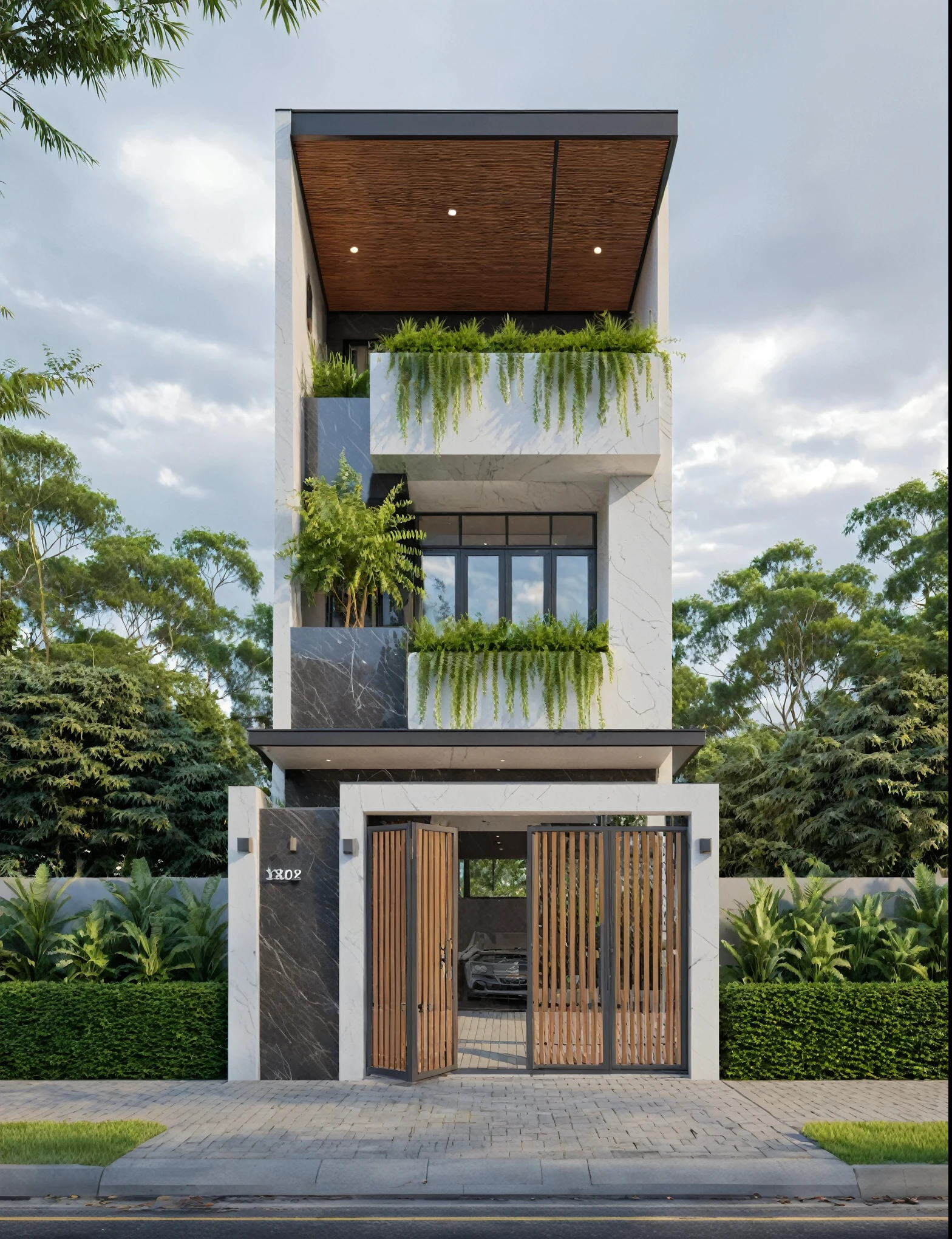 Raw photo,Masterpiece, high quality, best quality, authentic, super detail,
exterior, outdoors, house style modern on the street, marble any wall ,glass windows, gate, wooden ceiling,
road,pavement, trees, sky, cloud, (daylight:1.1)
