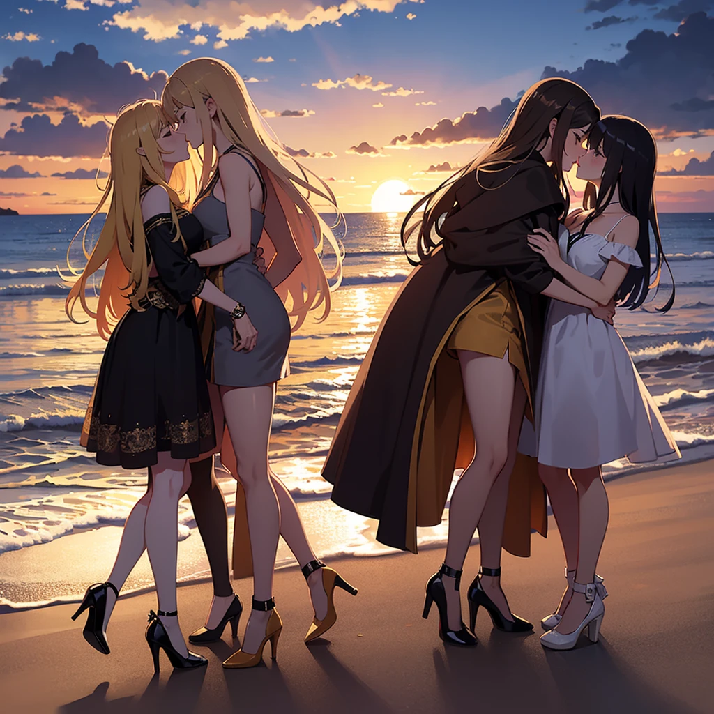 Generates a long haired girl in a short dress and high heels kissing a woman in a short dress and high heels at sunset on the beach