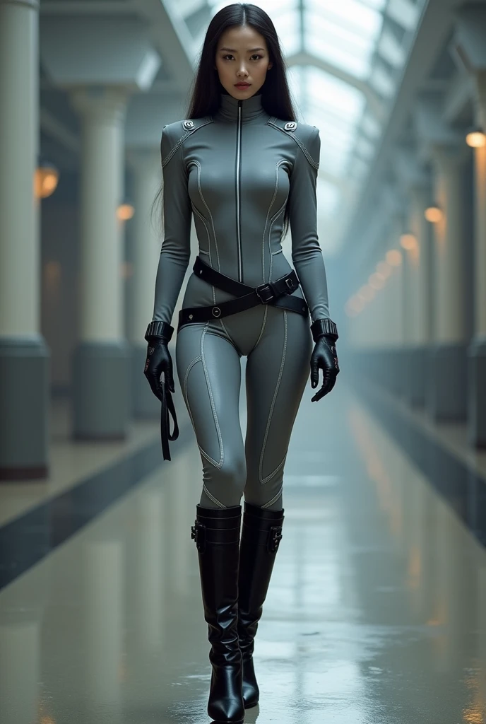 A beautiful Japanese girl wearing a gray suit, Wearing a tight suit, A beautiful Japanese woman wearing a futuristic gray suit, 滑らかなgreyタイトな服のスーツ, greyレオタードを着て, White stitching、Star Wars Imperial Agent, Female Stormtrooper, Full Body Shot, full body, The tight-fitting suit, grey、Black pattern、The waist design is black leather、Black Belt、Black full harness、Long legs、Knee-high boots、with a white detailed zipper in the center.、