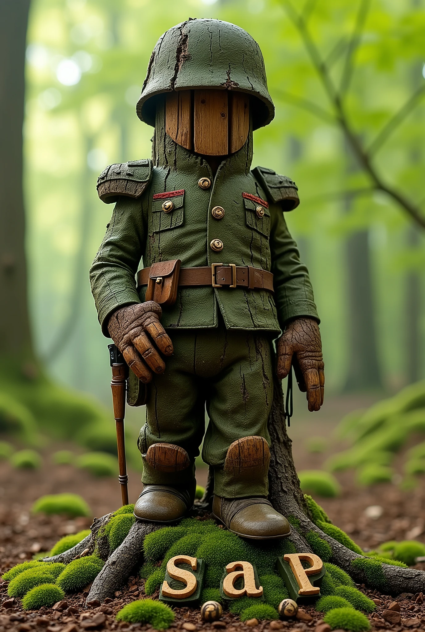 I want a tree trunk dressed as a soldier and armed and written S.a.P below