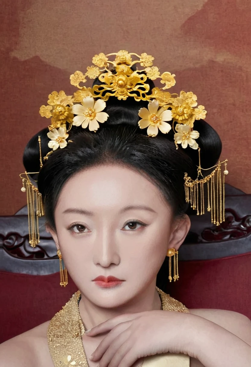 The Qing Dynasty woman was naked and lying on a large golden sofa in the palace.,  Empress of the Qing Dynasty, Wearing a large crown, She is completely naked, Showing off gorgeous large flowers and hairpins, She tied her hair up and pulled it up, 背景はEmpress of the Qing Dynastyの豪華な宮殿.