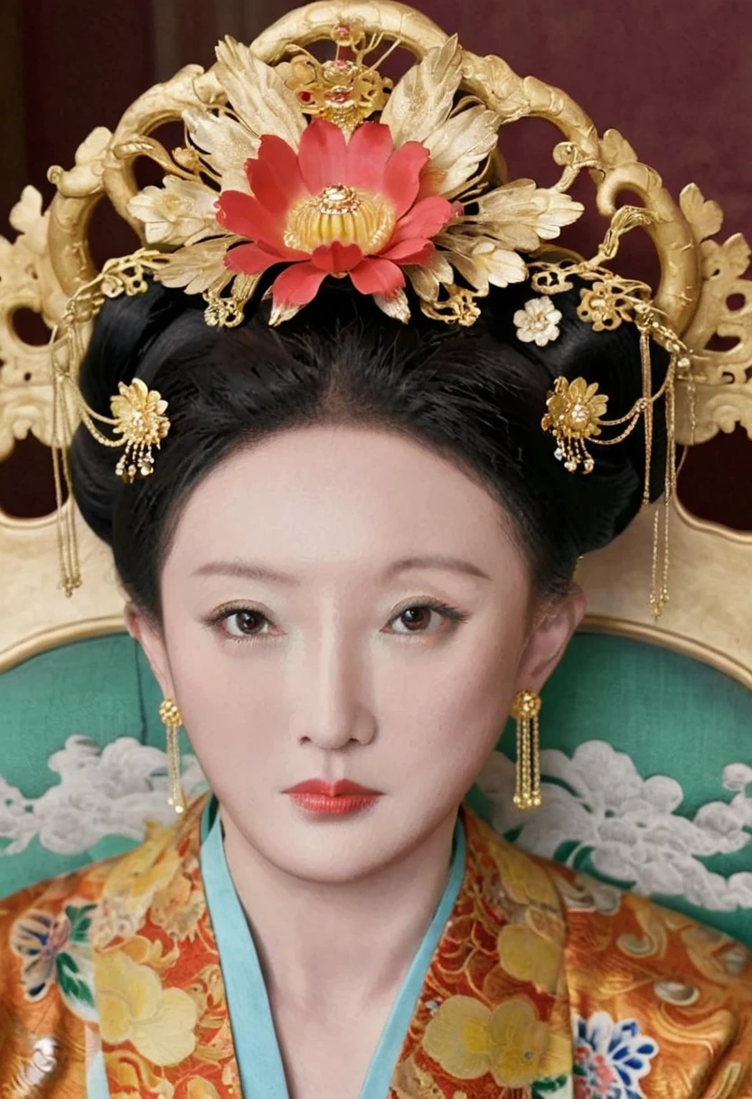 The Qing Dynasty woman was naked and lying on a large golden sofa in the palace.,  Empress of the Qing Dynasty, Wearing a large crown, She is completely naked, Showing off gorgeous large flowers and hairpins, She tied her hair up and pulled it up, 背景はEmpress of the Qing Dynastyの豪華な宮殿.