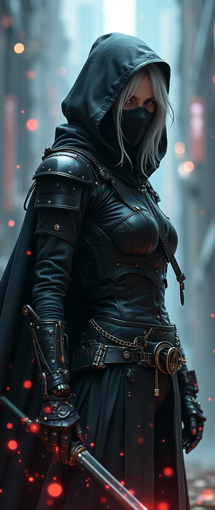 (masterpiece:1.2, of the highest quality,High resolution,Super detailed),8k,Wallpaper,(Very detailed),(Shielded core style),1 female,silver hair,(Ninja assassin squad),(Black ninja robot armor),(black hooded cape,face mask),(The background is a world of illusions and geometric patterns reminiscent of a kaleidoscope.:2.0),(detailed face:1.3),(detailed body:1.3),((cowboy shot)),cyberpunk,(dynamic),(Detailed hands:1.6),(Detailed hands),(preparing for battle,Utilizes illusions:2.0),(Striking special move effects:2.0)