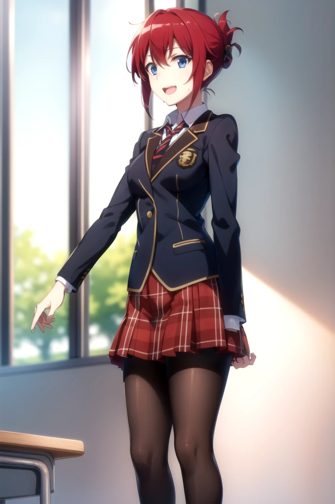 Highest quality, masterpiece, Very detailed,
Aoi Sakurai RW,
Open your mouth, A light smile,
blue eyes, Redhead, short hair, ミディアムshort hair,
school uniform, blazer, tie, Red Skirt, pantyhose,
Are standing, Looking at the audience,
classroom，
Sweating