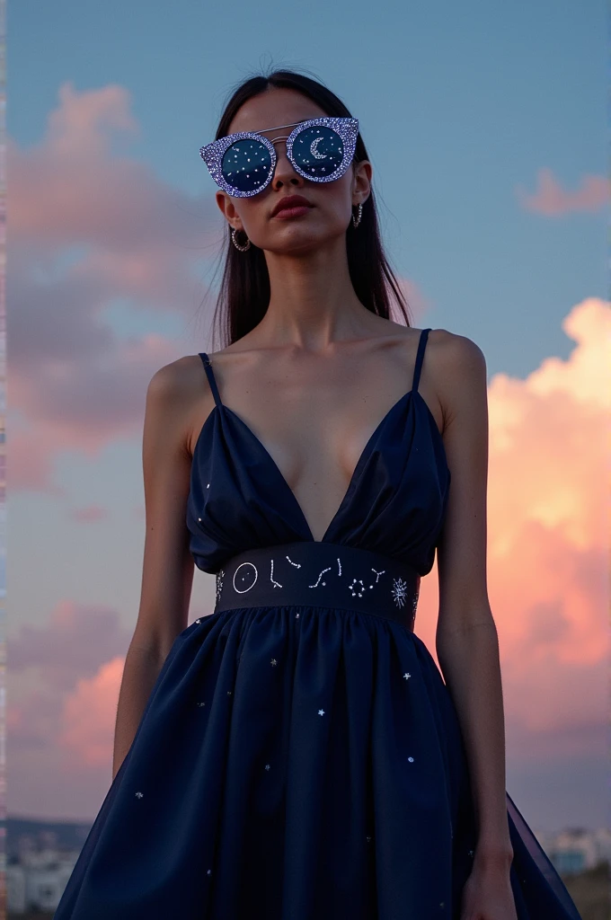 The model is wearing glass sunglasses with stars and the moon on the glass