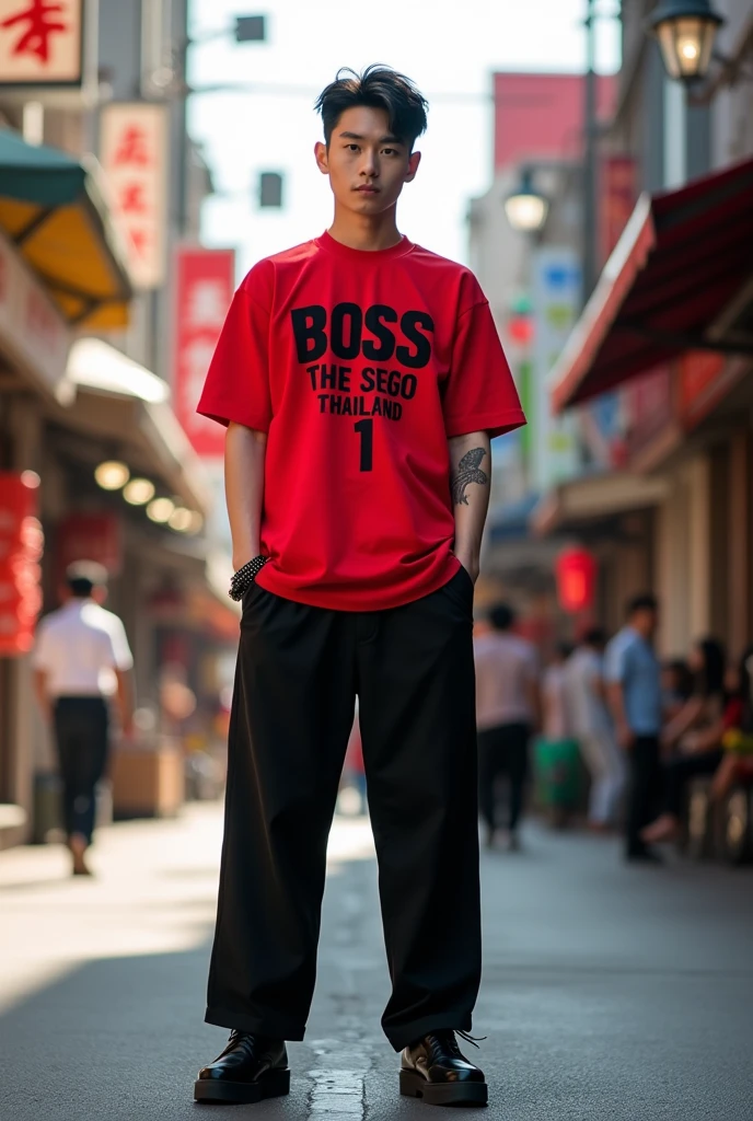 A 20-year-old Japanese man wearing a red shirt that says "Boss The Sego Thailand 1" is wearing long black pants and black shoes.
