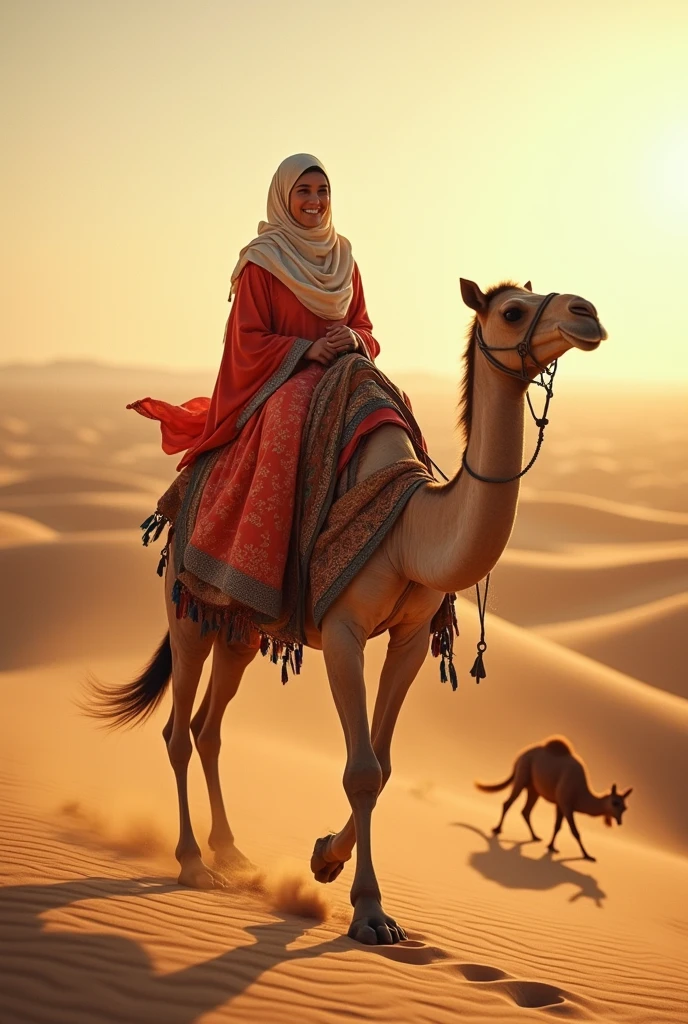 Injured Women in Arabic dress with hijab riding on the Camel in the desert side and smiler animals of 10 types are in background and weather is cool