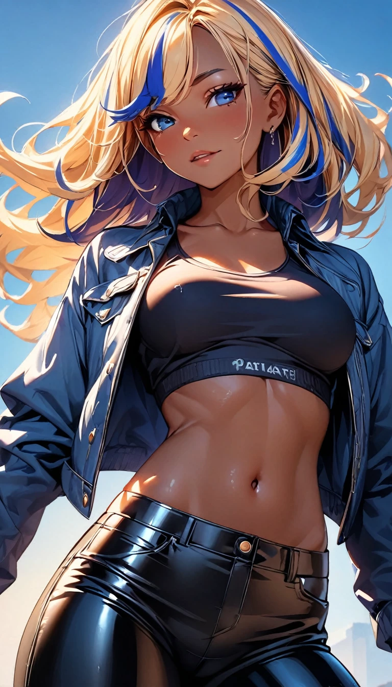 (highest quality:1.2, Very detailed, up to date, Vibrant, Ultra-high resolution, High Contrast, masterpiece:1.2, highest quality, Best aesthetics), Portraiture、girl、slim, Bright colors、Beautiful fine details、Beautiful lip detail、long hair, ((wavy hair:0.4))、messy hair, blonde and blue ((streaked hair:1.3)), highlights hair: 1.3, (medium breast:1), (tan skin:1.3), black tank top, (under boob:0.8), (crop top navel:1.2), sexy very short pants, Walking down the busy street at day, (cowboy shot:1), look at viewer