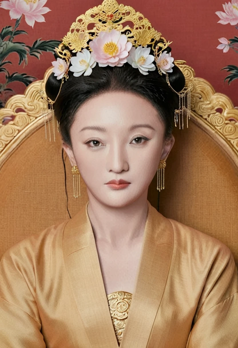 A naked woman from the Qing Dynasty, lying on a large golden sofa in the palace, with her whole body visible., Empress of the Qing Dynasty, Wearing a large crown, She is completely naked, Showing off gorgeous large flowers and hairpins, She tied her hair up and pulled it up, 背景はEmpress of the Qing Dynastyの豪華な宮殿.