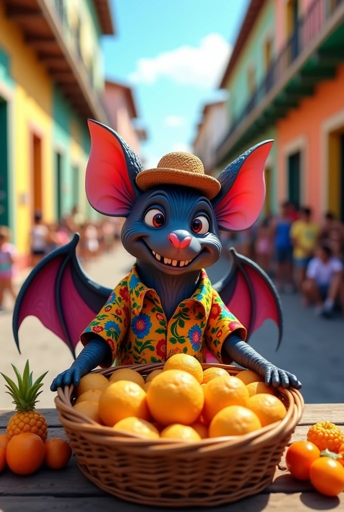 Simple cartoon drawing of a bat dressed in clothes from Salvador, Brazil, selling acarajé.
