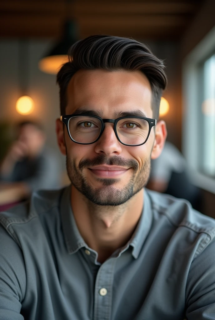 there is a man with glasses and a gray shirt posing for a picture, taken in the early 2020s, headshot profile picture, man with glasses, headshot portrait, thierry doizon, looking straight to camera, with glasses and goatee, looking straight into camera, mohamed chahin, headshot photo, closeup headshot portrait, portait photo profile picture